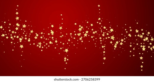 Sobreposição vetorial de estrelas mágicas.  Estrelas de ouro espalhadas aleatoriamente, caindo, flutuando.  Modelo caótico de sobreposição infantil sonhador. Conto de fadas vetorial sobre fundo vermelho.