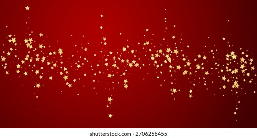 Magic stars vector overlay.  Gold stars scattered around randomly, falling down, floating.  Chaotic dreamy childish overlay template. Vector magic overlay  on red background.