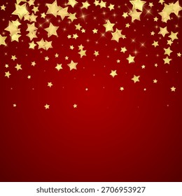 Superposición de Vector de estrellas mágicas.  Estrellas de oro esparcidas al azar, cayendo, flotando.  Plantilla infantil de superposición de ensueño caótico. sobre fondo rojo.