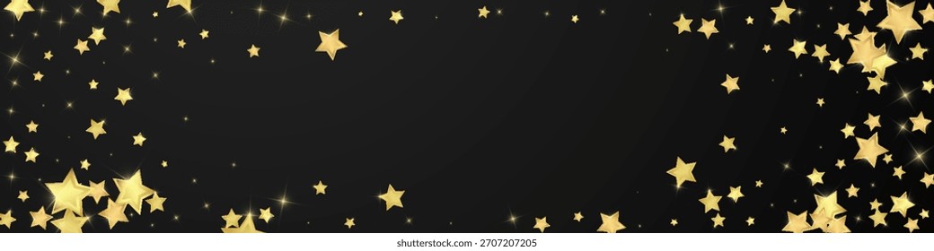 Superposición de Vector de estrellas mágicas.  Estrellas de oro esparcidas al azar, cayendo, flotando.  Caótica Plantilla infantil de ensueño. Vector mágico superpuesto sobre fondo negro.