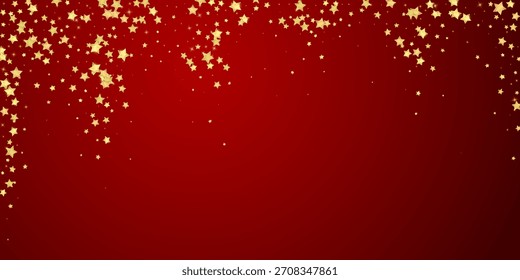 Superposición de Vector de estrellas mágicas.  Estrellas de oro esparcidas al azar, cayendo, flotando.  Caótica Plantilla infantil de ensueño. Superposición mágica de Vector sobre fondo rojo.