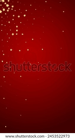 Magic stars vector overlay.  Gold stars scattered around randomly, falling down, floating.  Chaotic dreamy childish overlay template. Miraculous starry night vector  on red background.
