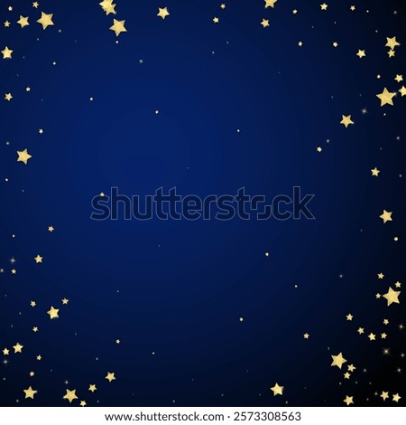 Magic stars vector overlay.  Gold stars scattered around randomly, falling down, floating.  Chaotic dreamy childish overlay template. on dark blue background.