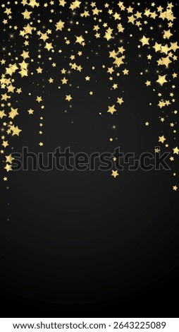 Magic stars vector overlay.  Gold stars scattered around randomly, falling down, floating.  Chaotic dreamy childish overlay template. Vector magic overlay  on black background.