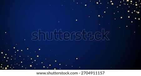 Magic stars vector overlay.  Gold stars scattered around randomly, falling down, floating.  Chaotic dreamy childish overlay template. Vector fairytale  on dark blue background.