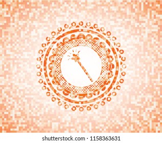 magic stick icon inside abstract emblem, orange mosaic background