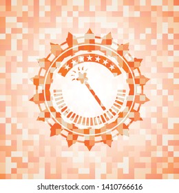 magic stick icon inside abstract emblem, orange mosaic background