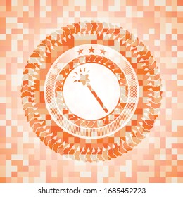 Zauberstab-Symbol innerhalb eines abstrakten Emblems, orangefarbener Mosaikhintergrund