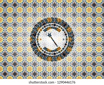 magic stick icon inside arabesque badge background. arabic decoration.
