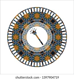 magic stick icon inside arabesque emblem background. arabic decoration.