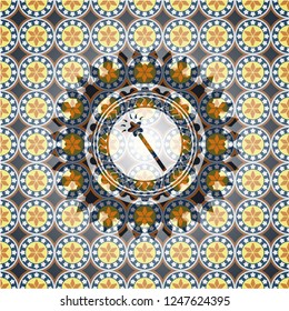 magic stick icon inside arabic style emblem. Arabesque decoration.