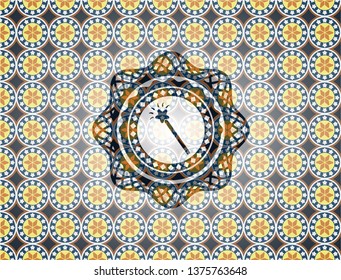magic stick icon inside arabic badge. Arabesque decoration.