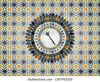 magic stick icon inside arabic badge. Arabesque decoration.