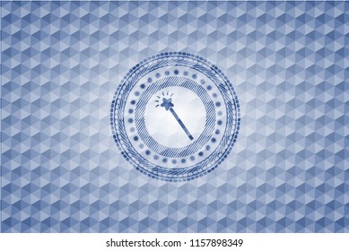 magic stick icon inside blue emblem or badge with geometric pattern background.