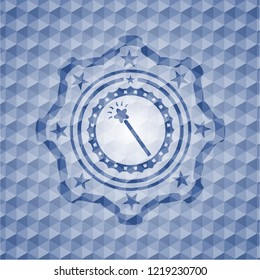 magic stick icon inside blue emblem or badge with geometric pattern background.