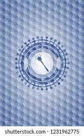magic stick icon inside blue emblem with geometric pattern background.