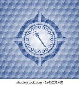 magic stick icon inside blue emblem or badge with abstract geometric polygonal pattern background.