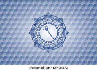 magic stick icon inside blue emblem or badge with abstract geometric polygonal pattern background.