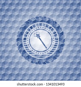 magic stick icon inside blue emblem with geometric background.