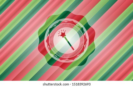 magic stick icon inside christmas colors style badge.