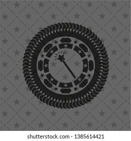 magic stick icon inside dark emblem. Retro