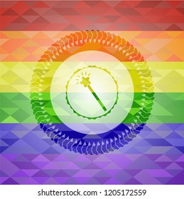 magic stick icon inside emblem on mosaic background with the colors of the LGBT flag