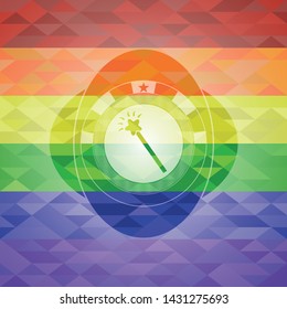 magic stick icon inside emblem on mosaic background with the colors of the LGBT flag