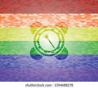 magic stick icon inside emblem on mosaic background with the colors of the LGBT flag