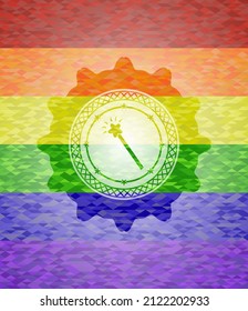 magic stick icon inside emblem on mosaic background with the colors of the LGBT flag. 