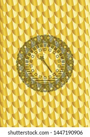 magic stick icon inside gold shiny emblem. Scales pattern. Vector Illustration. Detailed.