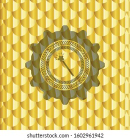 magic stick icon inside gold emblem. Scales pattern. Vector Illustration. Detailed.
