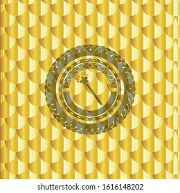 magic stick icon inside gold badge or emblem. Scales pattern. Vector Illustration. Detailed.