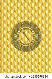 magic stick icon inside gold emblem. Scales pattern. Vector Illustration. Detailed.
