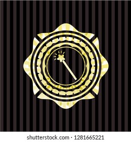 magic stick icon inside golden emblem or badge
