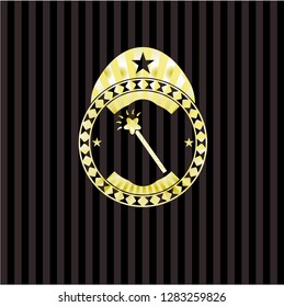 magic stick icon inside golden emblem