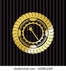 magic stick icon inside golden emblem or badge