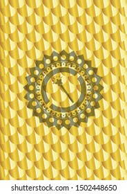 magic stick icon inside golden badge or emblem. Scales pattern. Vector Illustration. Detailed.