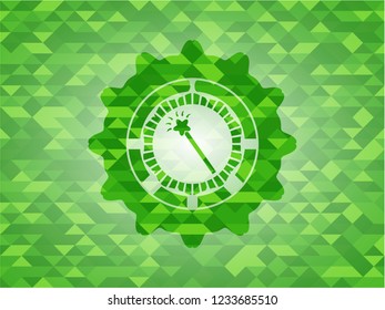 magic stick icon inside green emblem with triangle mosaic background