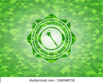 magic stick icon inside green emblem with mosaic ecological style background