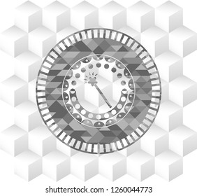 magic stick icon inside grey emblem. Vintage with geometric cube white background