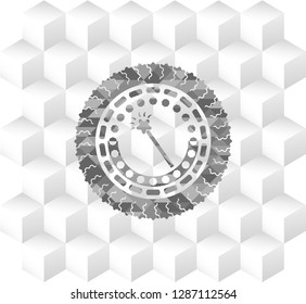 magic stick icon inside grey badge with geometric cube white background