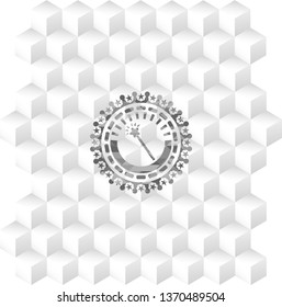 magic stick icon inside grey emblem with cube white background