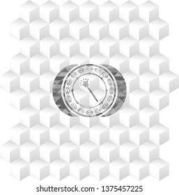 magic stick icon inside grey emblem. Retro with geometric cube white background