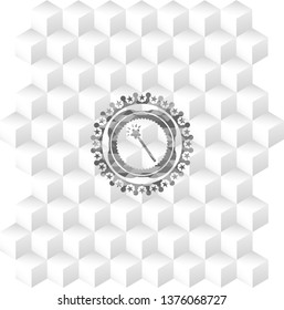 magic stick icon inside grey emblem with cube white background