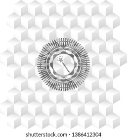 magic stick icon inside grey emblem with geometric cube white background