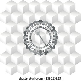 magic stick icon inside grey badge with geometric cube white background