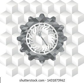 magic stick icon inside grey emblem with cube white background