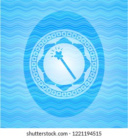 magic stick icon inside light blue water wave style badge.