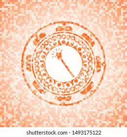 magic stick icon inside orange tile background illustration. Square geometric mosaic seamless pattern with emblem inside.