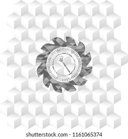 magic stick icon inside realistic grey emblem with geometric cube white background